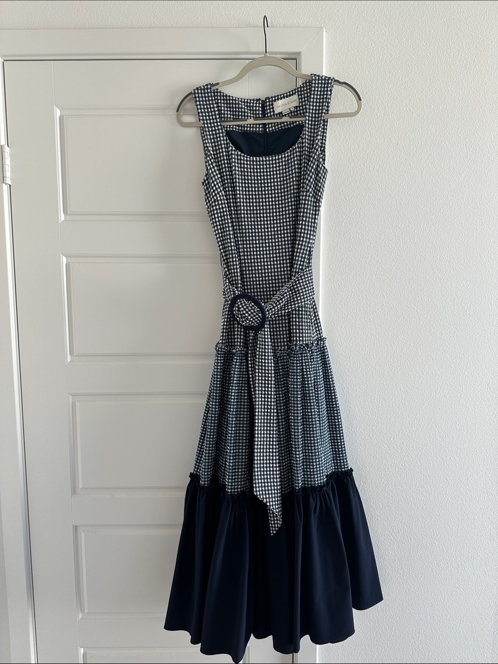 Sachin + Babi Navy & White Gingham Maxi Dress with Tie Belt Size 2